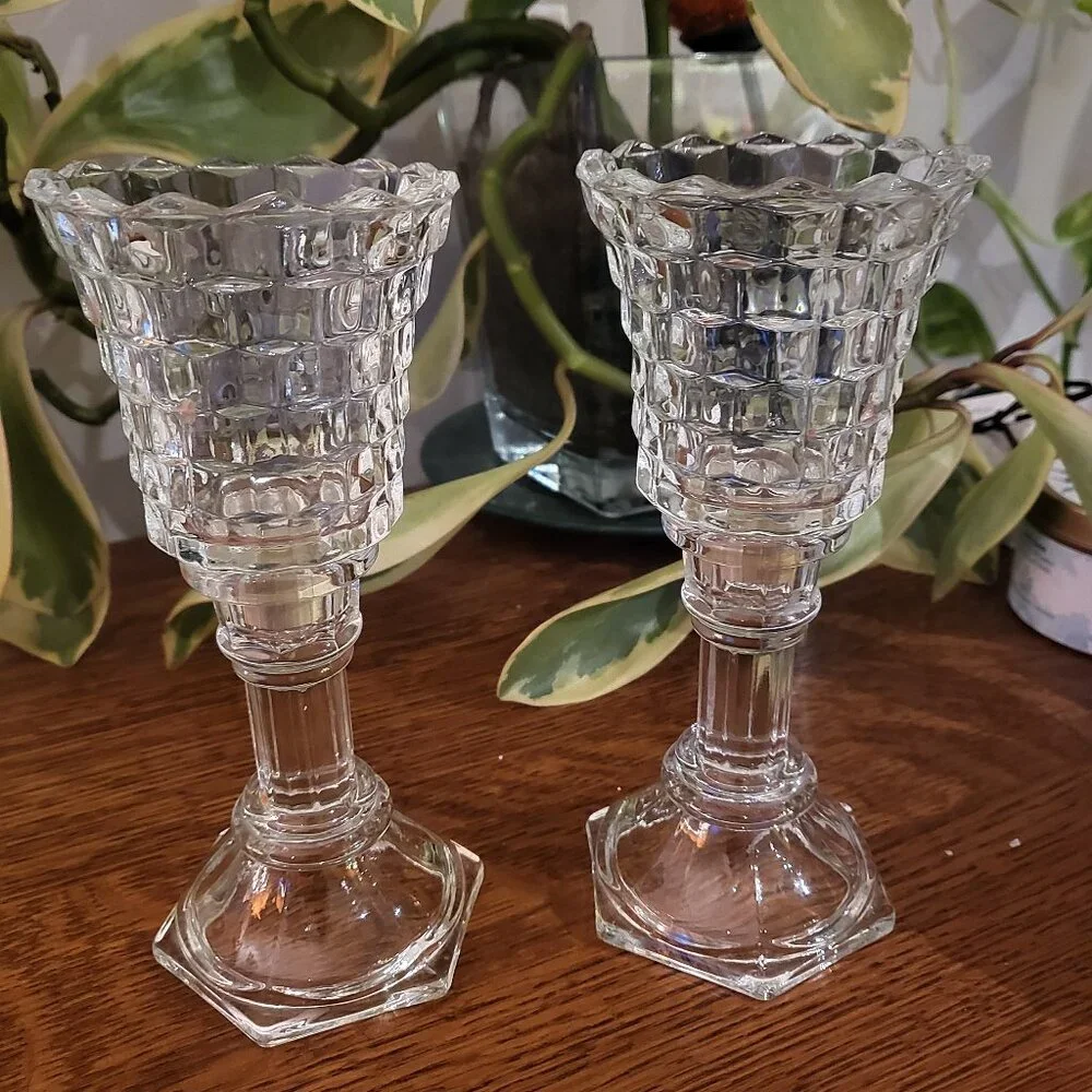 Vintage 4 Piece Set Clear Glass Cubist Peg Votives & Candlesticks